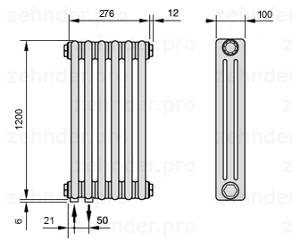 Схема (чертеж) Радиатор Zehnder Charleston 3120/6 №3370 Белый глянцевый RAL 9016